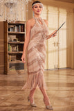 Champagne Glitter Halter Fringes 1920s Dress with Sleeveless