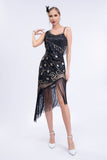 Asymmetrical Black Glitter 1920s Dress with Fringes