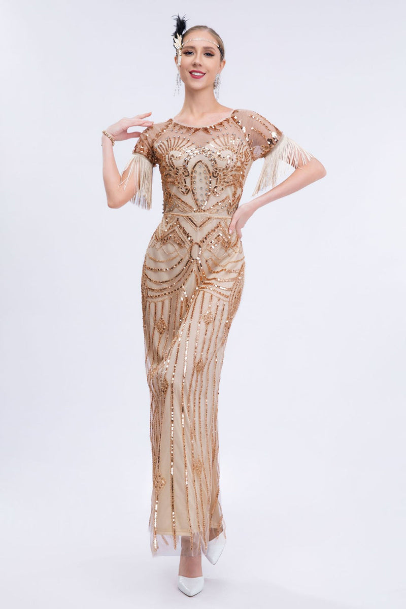 Load image into Gallery viewer, Champagne Sparkly Fringes Long 1920s Dress with Short Sleeves