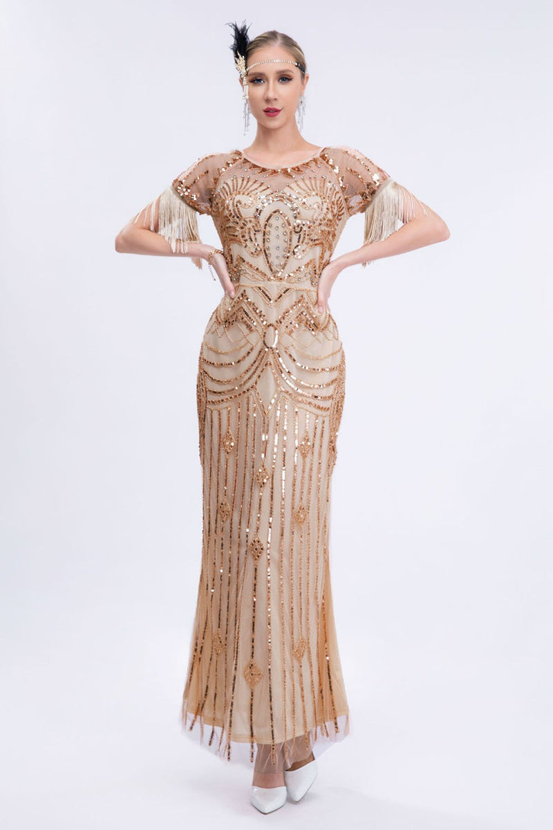 Load image into Gallery viewer, Champagne Sparkly Fringes Long 1920s Dress with Short Sleeves