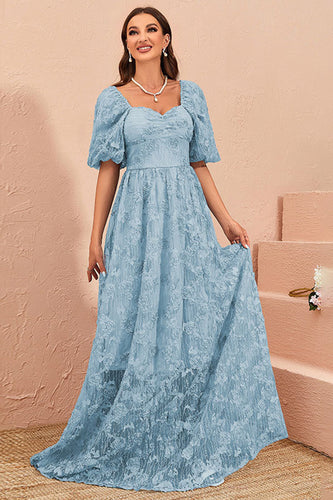 Blue A Line Formal Dress with Puff Sleeves