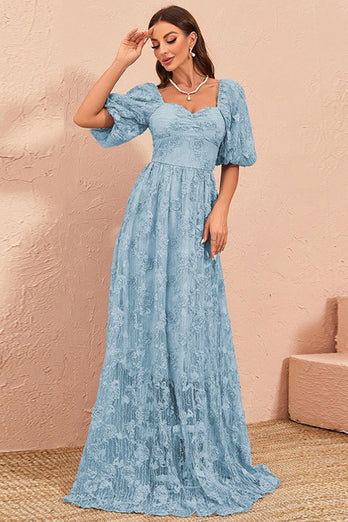 Blue A Line Formal Dress with Puff Sleeves
