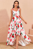 High-Low White Floral Print Formal Dress with Ruffles