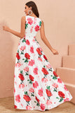 High-Low White Floral Print Formal Dress with Ruffles