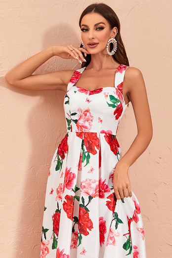 High-Low White Floral Print Formal Dress with Ruffles