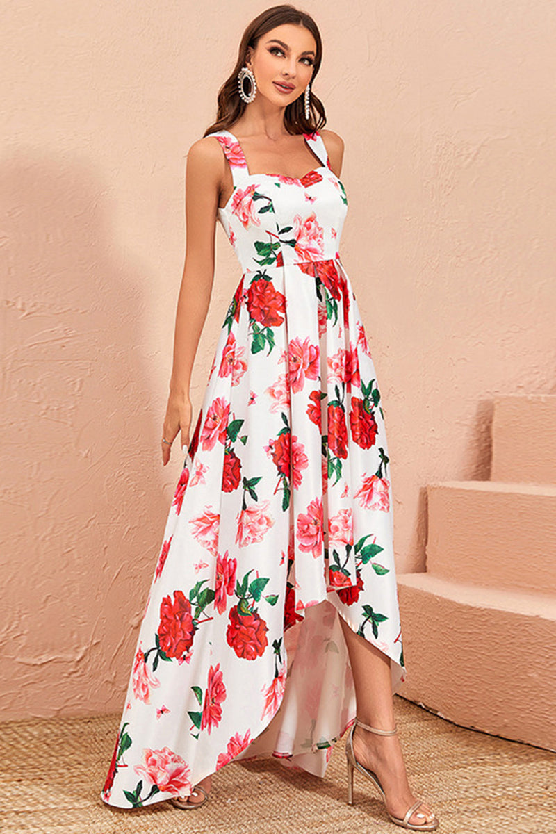 Load image into Gallery viewer, High-Low White Floral Print Formal Dress with Ruffles