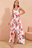 High-Low White Floral Print Formal Dress with Ruffles