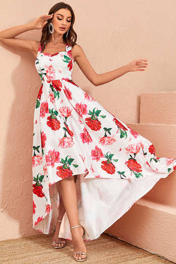 High-Low White Floral Print Formal Dress with Ruffles