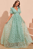 Green A Line Puff Sleeves Formal Dress with Appliques