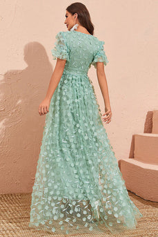 Green A Line Puff Sleeves Formal Dress with Appliques