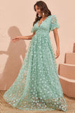 Green A Line Puff Sleeves Formal Dress with Appliques