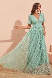 Green A Line Puff Sleeves Formal Dress with Appliques