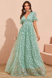 Green A Line Puff Sleeves Formal Dress with Appliques