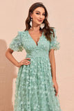 Green A Line Puff Sleeves Formal Dress with Appliques