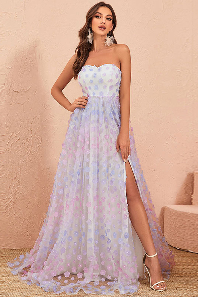 Load image into Gallery viewer, Strapless A Line Tulle Formal Dress with Floral