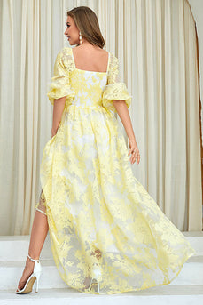 Yellow Print A Line Formal Dress with Puff Sleeves