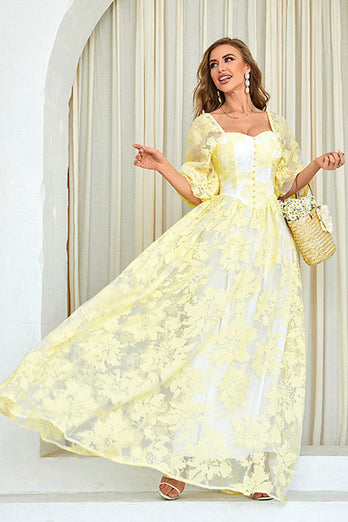 Yellow Print A Line Formal Dress with Puff Sleeves