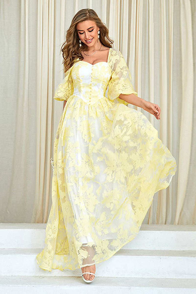 Load image into Gallery viewer, Yellow Print A Line Formal Dress with Puff Sleeves