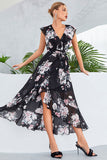 Black A-Line V-Neck Floral Print Chiffon Party Dress