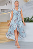 Load image into Gallery viewer, Blue A-Line V-Neck Asymmetrical Print Chiffon Party Dress