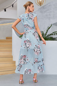 Blue A-Line V-Neck Asymmetrical Print Chiffon Party Dress