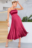 Burgundy A-Line Spaghetti Straps Pleated Tea-Length Formal Dress