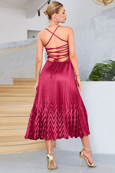 Burgundy A-Line Spaghetti Straps Pleated Tea-Length Formal Dress