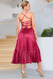 Burgundy A-Line Spaghetti Straps Pleated Tea-Length Formal Dress