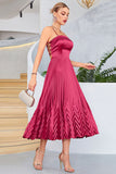 Burgundy A-Line Spaghetti Straps Pleated Tea-Length Formal Dress