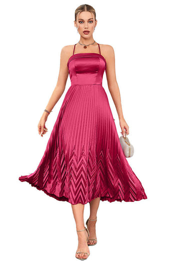 Burgundy A-Line Spaghetti Straps Pleated Tea-Length Formal Dress