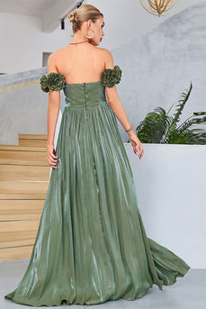 Green A-Line Off The Shoulder Pleated Long Formal Dress With Slit