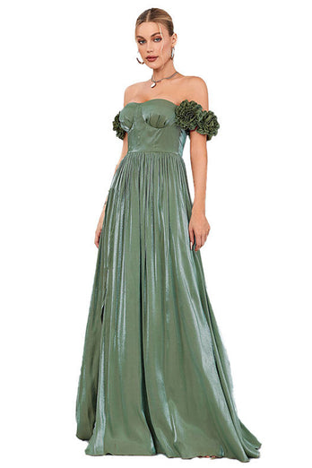 Green A-Line Off The Shoulder Pleated Long Formal Dress With Slit