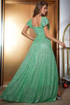 Green A-Line Off The Shoulder Sparkly Sequin Formal Dress With Slit