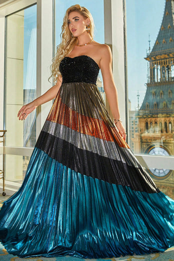 Blue A-Line Sweetheart Pleated Long Formal Dress