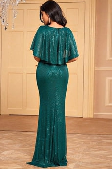 Dark Green Mermaid Deep V Neck Sequin Formal Dress With Cape Sleeves