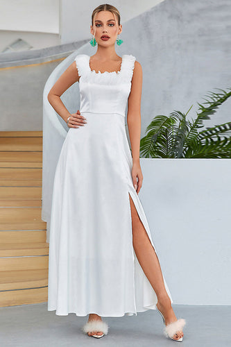 White A-Line Square Neck Long Formal Dress