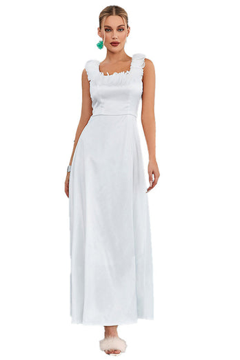 White A-Line Square Neck Long Formal Dress