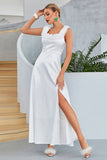 White A-Line Square Neck Long Formal Dress