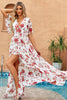 Load image into Gallery viewer, White A-Line V Neck Print Long Holiday Dress With Short Sleeves