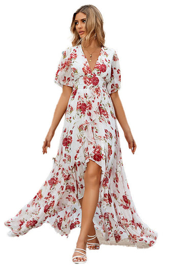 White A-Line V Neck Print Long Holiday Dress With Short Sleeves