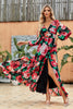 Load image into Gallery viewer, Black Red Flower A-Line V Neck Formal Dress With High Slit