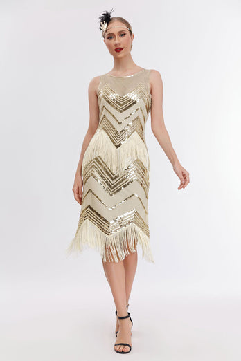 Sparkly Champagne Sequins Fringed 1920s Gatsby Dress