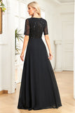 Sparkly Black Formal Dress with Short Sleeves