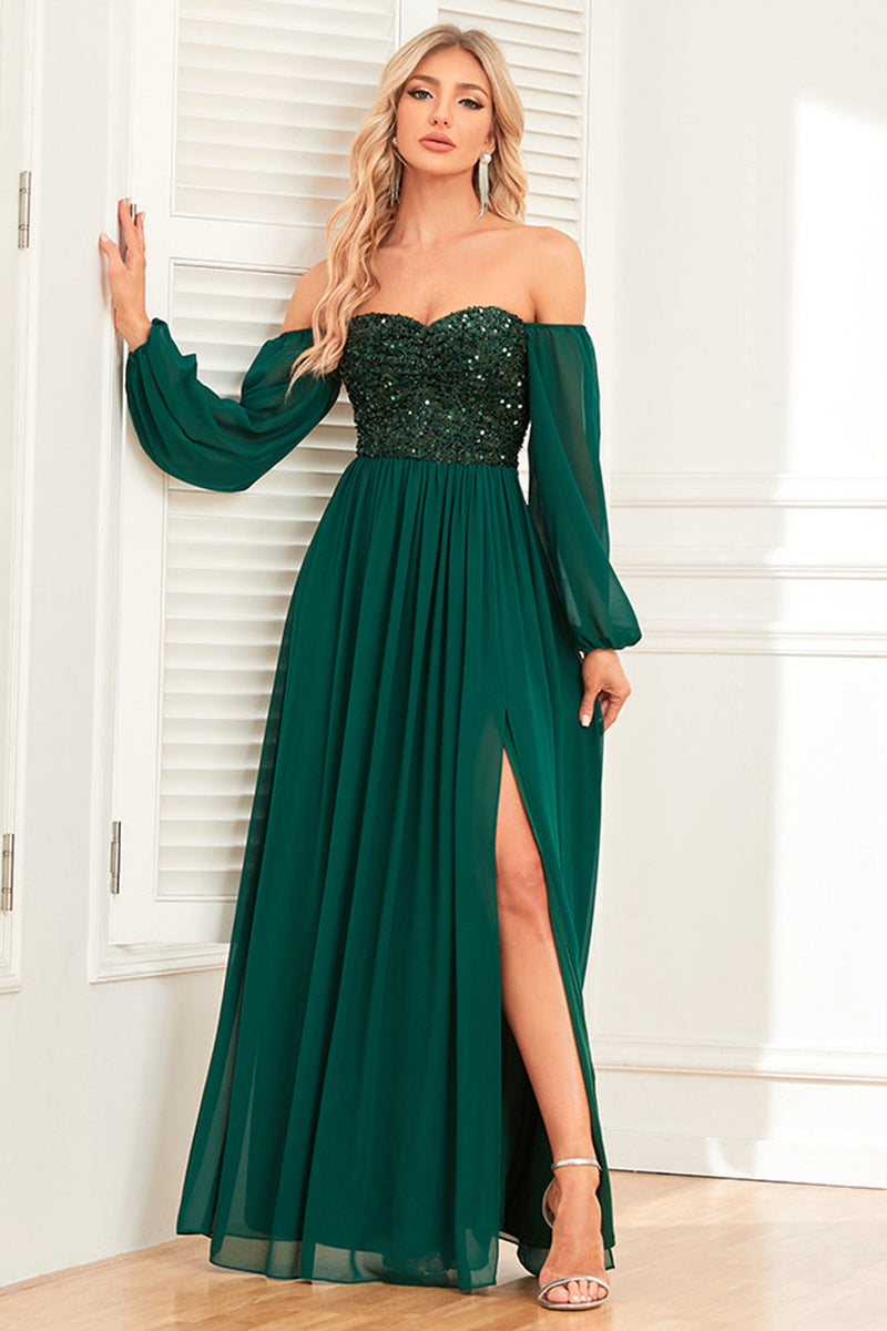 Load image into Gallery viewer, A-Line Dark Green Sequins Formal Dress with Sleeves