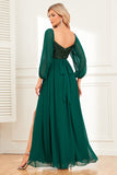 A-Line Dark Green Sequins Formal Dress with Sleeves