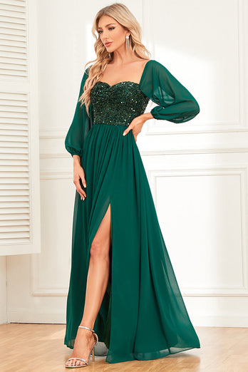 A-Line Dark Green Sequins Formal Dress with Sleeves