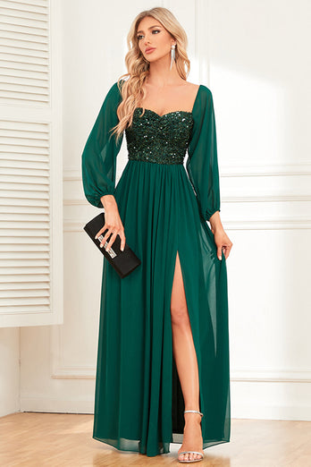 A-Line Dark Green Sequins Formal Dress with Sleeves