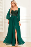 A-Line Dark Green Sequins Formal Dress with Sleeves