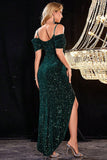 Sparkly Cold Shoudler Dark Green Sequins Formal Dress with Slit