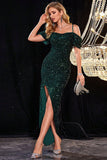 Sparkly Cold Shoudler Dark Green Sequins Formal Dress with Slit